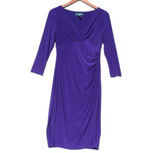 NWOT LAUREN Ralph Lauren Purple Ruched Faux Wrap Sheath V-Neck 3/4 Sleeve Sz 4